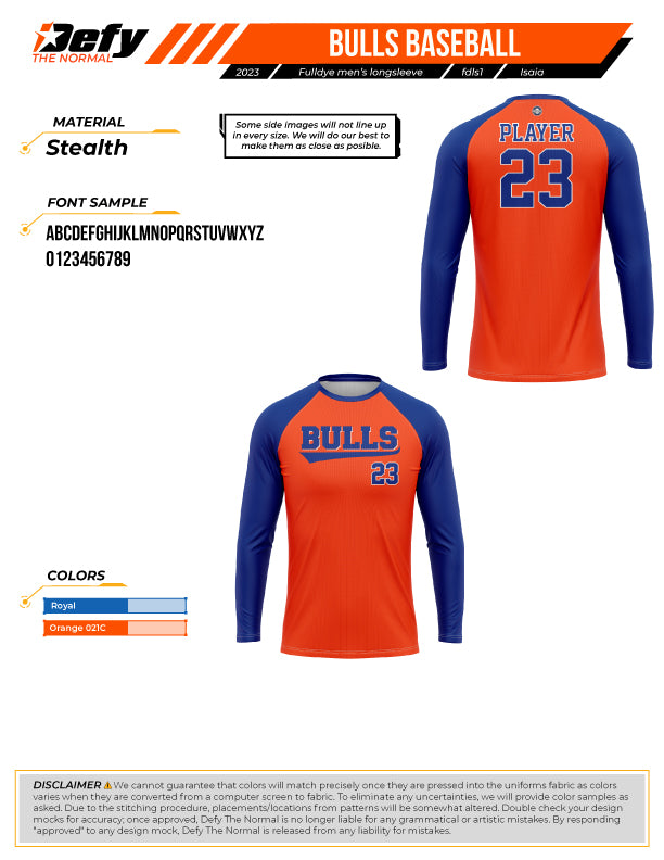 Bulls Baseball Orange Longsleeve Men's Full Dye Jersey – All The